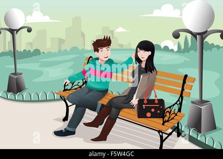 A vector illustration of romantic couple sitting in the park Stock Vector