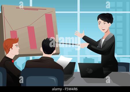 A vector illustration of businesswoman making a presentation Stock Vector