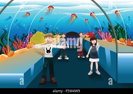 A vector illustration of kids looking at jellyfish in a big aquarium Stock Vector