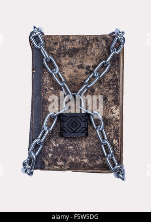 Old vintage tattered book lock with chain isolated white background Stock Photo