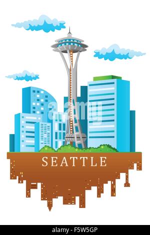 A vector illustration of Seattle skyline in cartoon style Stock Vector