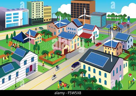 A vector illustration of city scene where the residents are very conscious about their environment and going green concept Stock Vector
