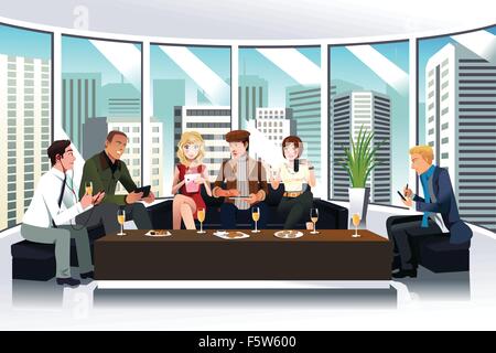 A vector illustration of people in a lounge using electronic  gadgets Stock Vector