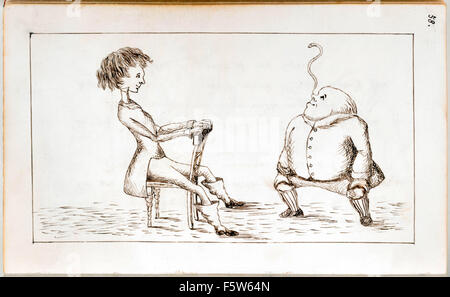 Old Father William balancing an eel on the end of his nose, from the original manuscript of 'Alice's Adventures Under Ground' by Charles Lutwidge Dodgson (1832-1898) given to Alice Liddell in November 1864 and published under the title ‘Alice's Adventures in Wonderland’ in 1865 under the pen-name Lewis Carroll. See description for more information. Stock Photo