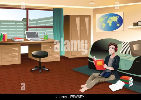 A vector illustration of college student studying while listening to music in a dorm room Stock Vector