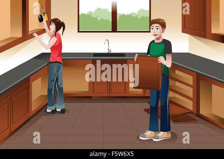 A vector illustration of young couple installing kitchen cabinets together Stock Vector