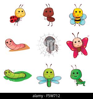 A vector illustration of Cute cartoon insects and bugs icon Stock Vector