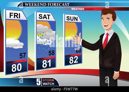 A vector illustration of TV weather news reporter at work Stock Vector