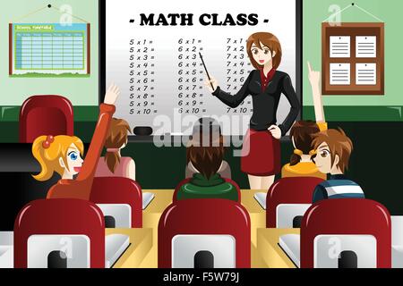 A vector illustration of kids studying math in classroom with teacher Stock Vector