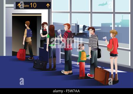 A vector illustration of people boarding the airplane at the gate Stock Vector