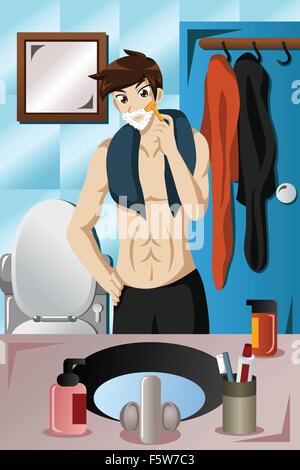 A vector illustration of young man shaving using a razor in the bathroom Stock Vector