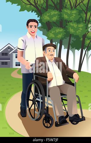 A vector illustration of a young man pushing a senior man in a wheelchair Stock Vector