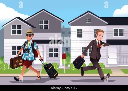 A vector illustration of one person going to work while the other one going on a vacation concept Stock Vector