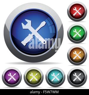 Set of round glossy tools buttons. Arranged layer structure. Stock Vector