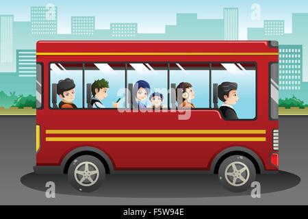 A vector illustration of different people riding a bus Stock Vector