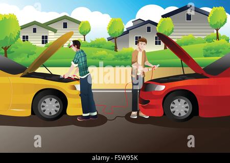 A vector illustration of two people trying to jump start a car Stock Vector