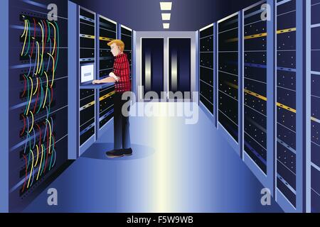 A vector illustration of man working in a data center Stock Vector