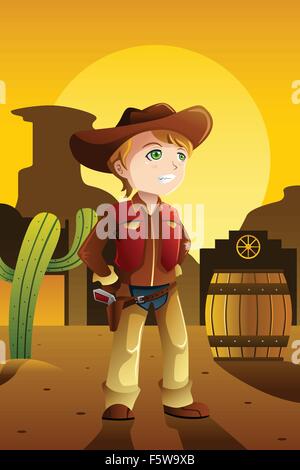 A vector illustration of boy dressed up as a cowboy in the old Western setting Stock Vector