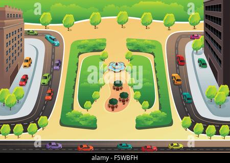 A vector illustration of view of highway and a park from above Stock Vector