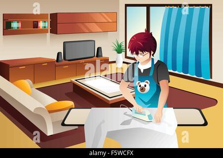 A vector illustration of man ironing clothes at home Stock Vector