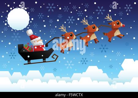 A vector illustration of Santa Claus riding the sleigh pulled by reindeers in the middle of winter night Stock Vector