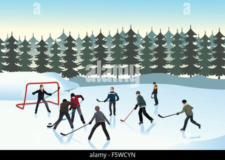 A vector illustration of men playing ice hockey on an outdoor ice rink Stock Vector