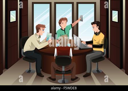 A vector illustration of young businessmen sitting on a table in the office working with their electronic gadgets Stock Vector