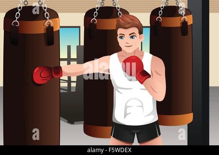 A vector illustration of boxer training on a punching bag in the gym Stock Vector