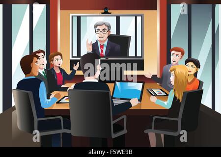 A vector illustration of business people on a video conference in the office Stock Vector