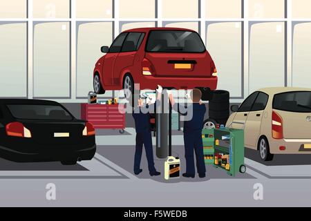A vector illustration of auto mechanic fixing a car under the hood in the auto repair garage Stock Vector