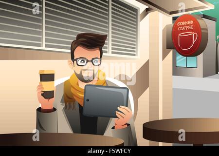 A vector illustration of trendy young man using tablet in a cafe Stock Vector