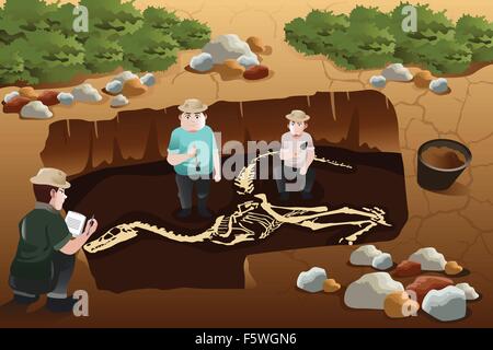 A vector illustration of archaeologist discovering a dinosaurs fossil Stock Vector