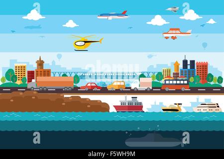 A vector illustration of different transportation in the city Stock Vector