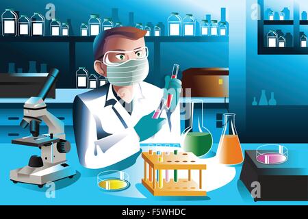 A vector illustration of scientist man working in laboratory Stock Vector