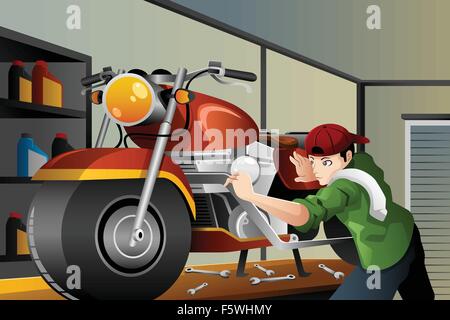 A vector illustration of man fixing a motorcycle in the garage Stock Vector