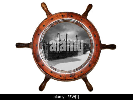 boat wheel with shipwreck inside on white background Stock Photo