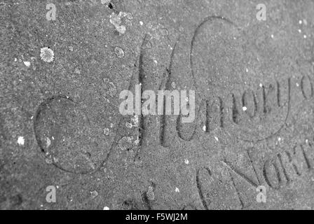 Memory text on gravestone - Black and White. Stock Photo