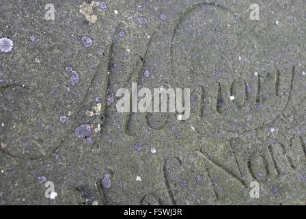 Memory text on gravestone. Stock Photo