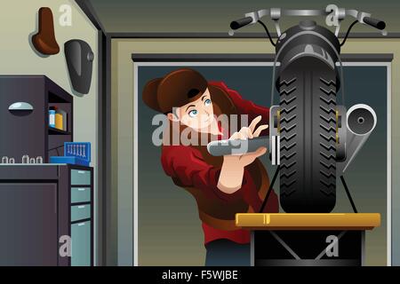 A vector illustration of man fixing a motorcycle in the garage Stock Vector