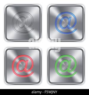 Color email icons engraved in glossy steel push buttons. Well organized layer structure, color swatches and graphic styles. Stock Vector