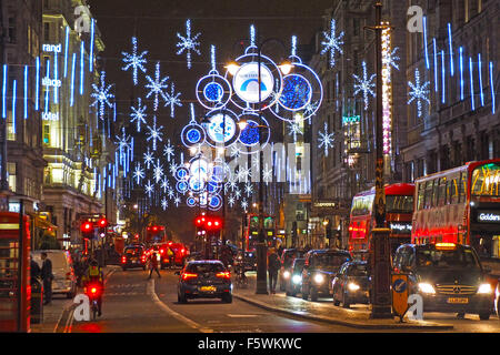 London, UK. 9th November 2015. The first ever Christmas lights on the Northbank in The Strand in London are switched on. 137 years ago the Strand was the first street in London to get electric lighting, but it is one of the last to get its own Christmas lights and decorations. Credit:  Paul Brown/Alamy Live News Stock Photo