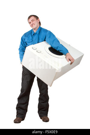 Repairman holding washing machine. Isolated on white Stock Photo