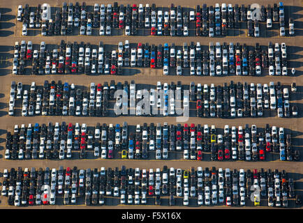 Import car new car inventory in Logport Duisburg Rheinhausen, new cars dump, parking lot, Duisburg, Ruhr area, Stock Photo