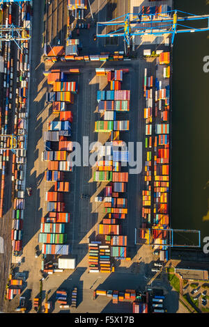 stacked containers on Logport I, inland port, Rheinhausen, Duisburg harbor, Duisburg, Ruhr area, Nordrhein-Westfalen, Germany,