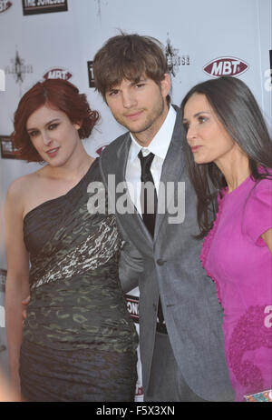 LOS ANGELES, CA - APRIL 8, 2010: Demi Moore & Ashton Kutcher & her daughter Rumer Willis (left) at the Los Angeles premiere of her new movie 'The Joneses' at the Arclight Theatre, Hollywood. Stock Photo