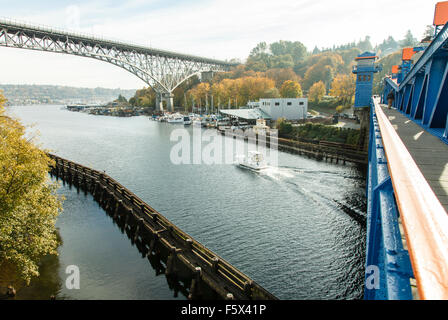 The Aurora Bridge, seen from Fremont Bridge, spanning the Fremont Cut in Seattle, Washington USA Stock Photo