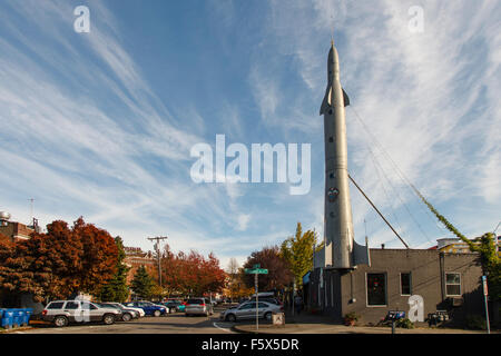 The iconic rocket on a street corner in Fremont, Seattle, North America USA Stock Photo