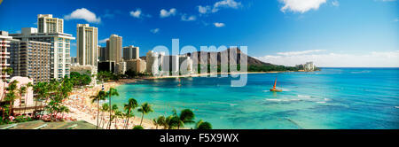 Panoramic scenic of Waikiki Beach and Diamond Head with beach front hotels and palm trees on Oahu Island in Hawaii Stock Photo