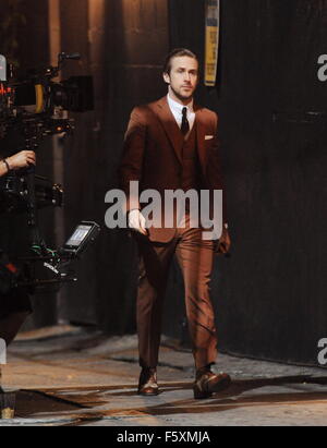 Ryan Gosling sports a vintage brown suit for a scene in 'La La Land,' currently filming in Hollywood  Featuring: Ryan Gosling Where: Los Angeles, California, United States When: 19 Sep 2015 Stock Photo