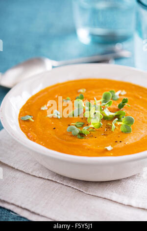 Bowl of tasty carrot cream soup on pink background with space for text ...